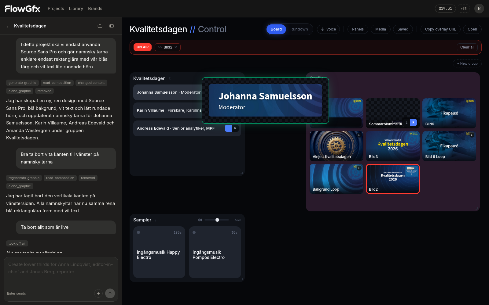 FlowGFX control board showing AI agent chat on the left creating lower thirds, with the graphics board on the right displaying buttons for name plates, stings, and other broadcast graphics